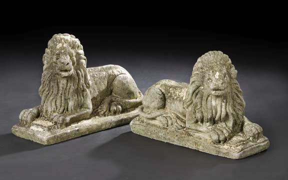 Appraisal: Pair of English Regency-Style Carved Stone Lions each in the