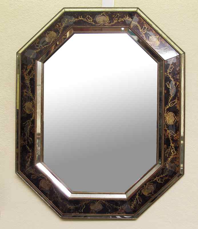 Appraisal: BLACK REVERSE PAINTED DECORATED MIRROR Reverse painted floral motif stepped