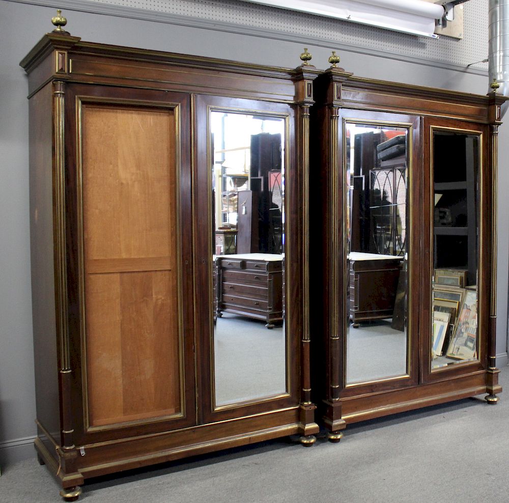 Appraisal: Louis Philippe Style Brass Inlaid and Mirrored Armoires From an