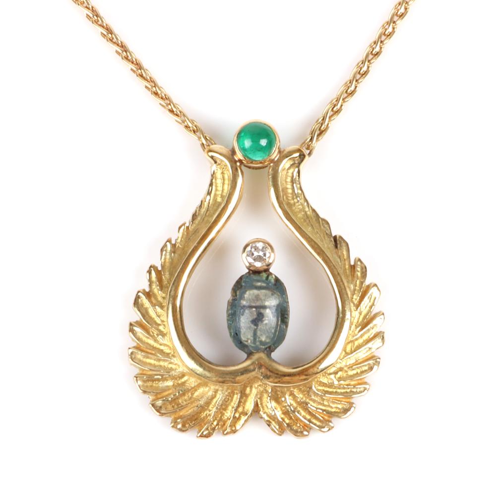 Appraisal: STAMPED K YELLOW GOLD EGYPTIAN REVIVAL PENDANT NECKLACE WITH FAIENCE