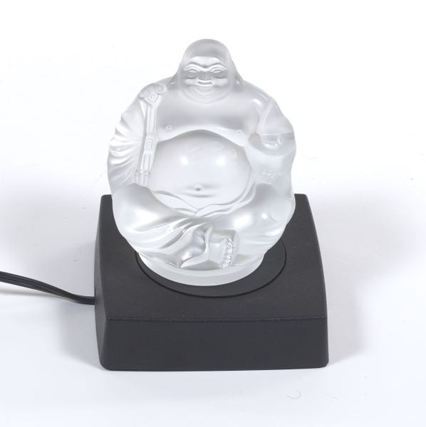 Appraisal: LALIQUE FRANCE CRYSTAL LAUGHING BUDDHA ON ILLUMINATED STAND x x