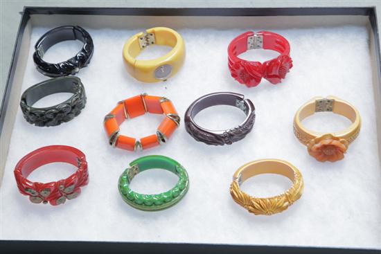 Appraisal: TEN BAKELITE BRACELETS Nine clamper bracelets one watch eight with