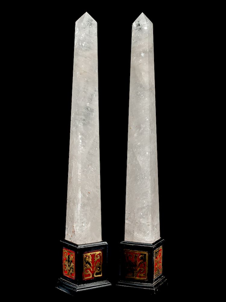 Appraisal: A Pair of Rock Crystal Obelisks with Boulle Marquetry Bases