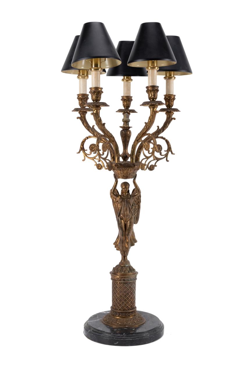 Appraisal: EMPIRE STYLE ELECTRIFIED FIVE LIGHT CANDELABRUM Continental brass or bronze