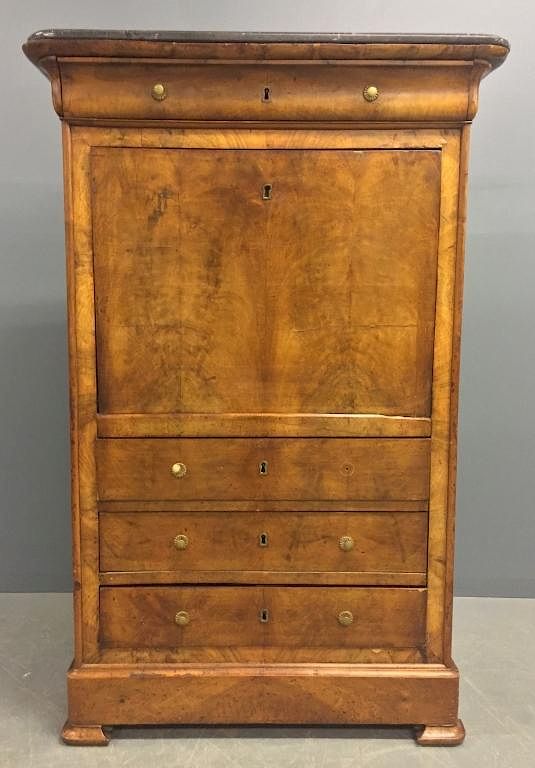 Appraisal: French Walnut Secr taire Abattant w Marble Top French walnut