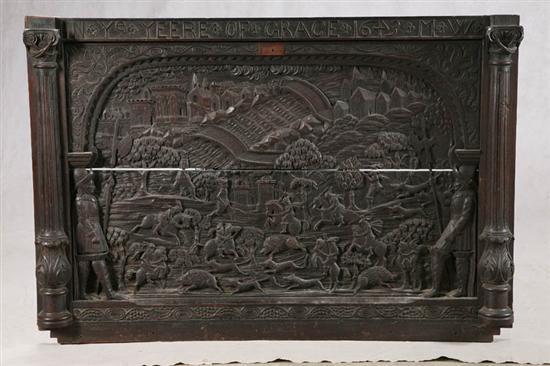 Appraisal: LARGE WOODEN PANEL Relief carved panel depicting a battle between