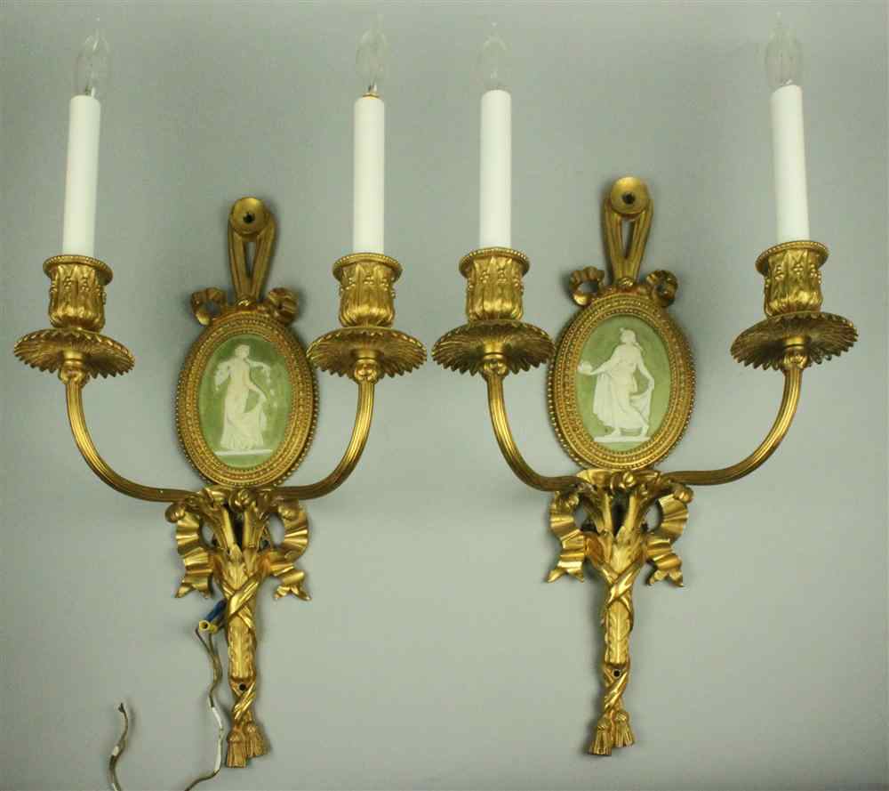 Appraisal: PAIR OF GEORGE III STYLE ORMOLU AND WEDGWOOD JASPER WALL