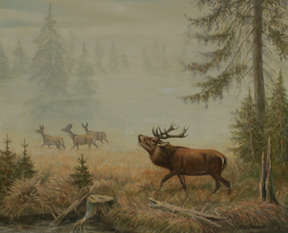 Appraisal: ALBERT BAUER LANDSCAPE PAINTING WITH DEER Oil Masonite '' x