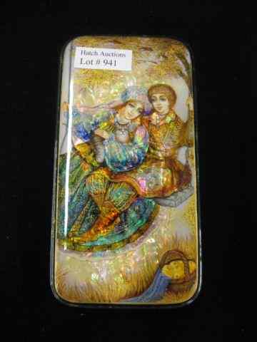 Appraisal: Russian Lacquer Ware Box young coupleon swing mother-of-pearl background artist