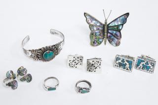 Appraisal: Mexican Sterling Silver Jewelry Articles Rings cufflinks and a brooch