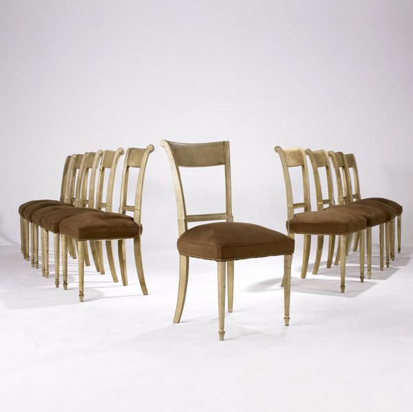 Appraisal: MODERN Set of ten parchment-covered dining chairs with brown ultrasuede