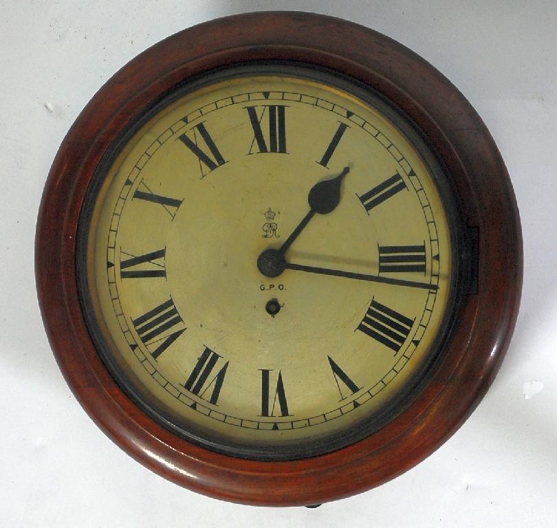 Appraisal: GEORGE V GENERAL POST OFFICE MAHOGANY WALL CLOCK Roman enamel