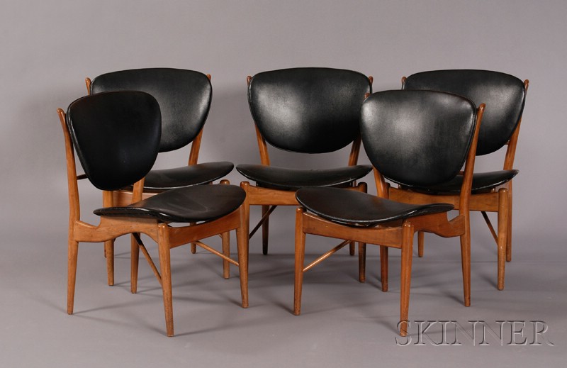 Appraisal: Five Finn Juhl Chairs - Walnut and simulated leather Model