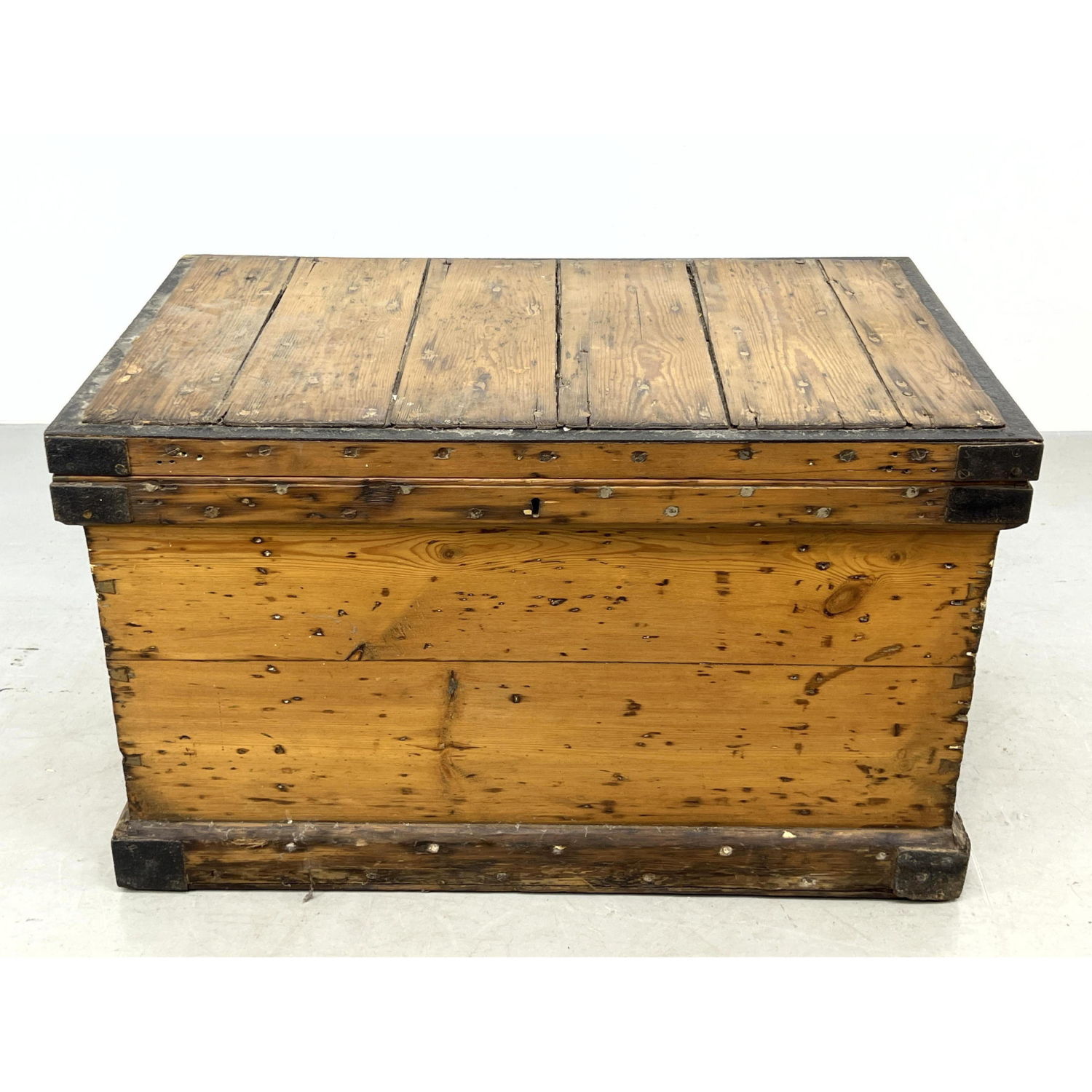 Appraisal: Slatted Wood Chest Trunk Decorated Interior Lid Fitted interior Dimensions