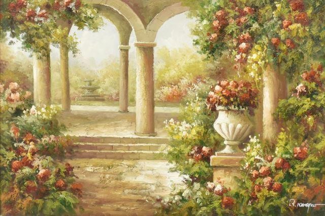 Appraisal: Decorative framed oil on canvas painting Garden View signed lower