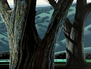 Appraisal: Eyvind Earle Cows in a pasture through trees signed dated