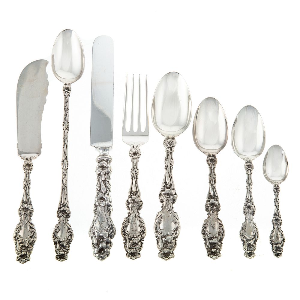 Appraisal: Whiting Sterling Lily Flatware Service Including twelve dinner knives forks