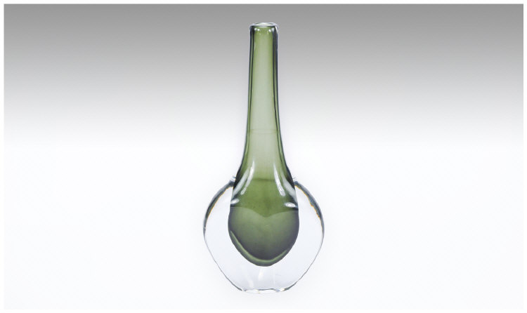 Appraisal: Orrefors Single Stem Glass Vase Banjo Shape Cased Olive Green