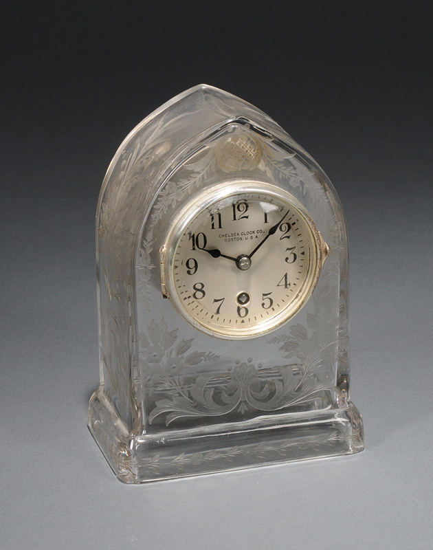 Appraisal: Sinclair Colorless Etched Glass Cased Timepiece by Chelsea Clock Company