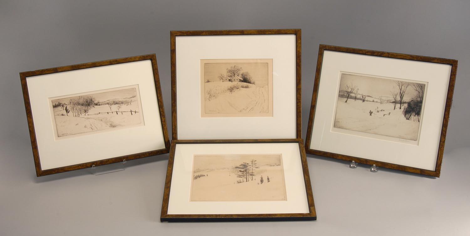 Appraisal: FOUR FRAMED ETCHINGS BY WILLIAM HARRY WARREN BICKNELL American -