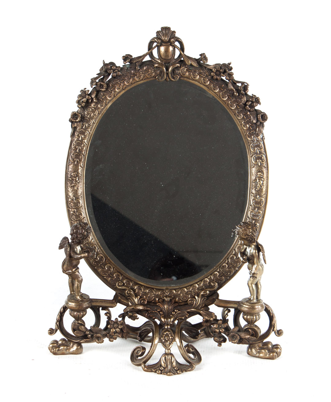 Appraisal: Rococo style bronze dresser mirror oval mirror with putti figures