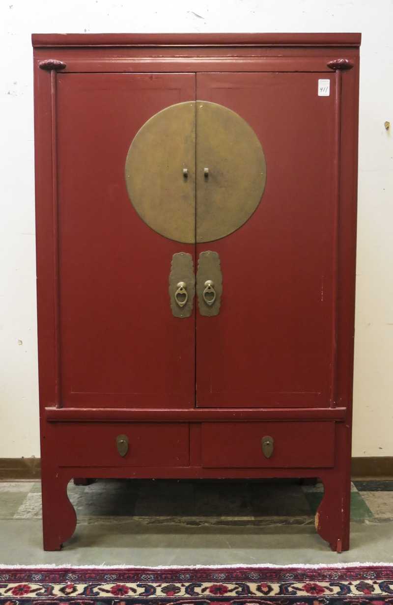 Appraisal: CHINESE MING STYLE 'MOON' CABINET a -door cabinet with brass