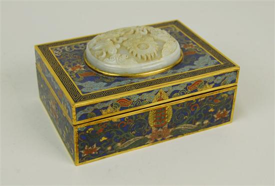 Appraisal: CHINESE CLOISONNE AND CARVED JADE BOX late th century length