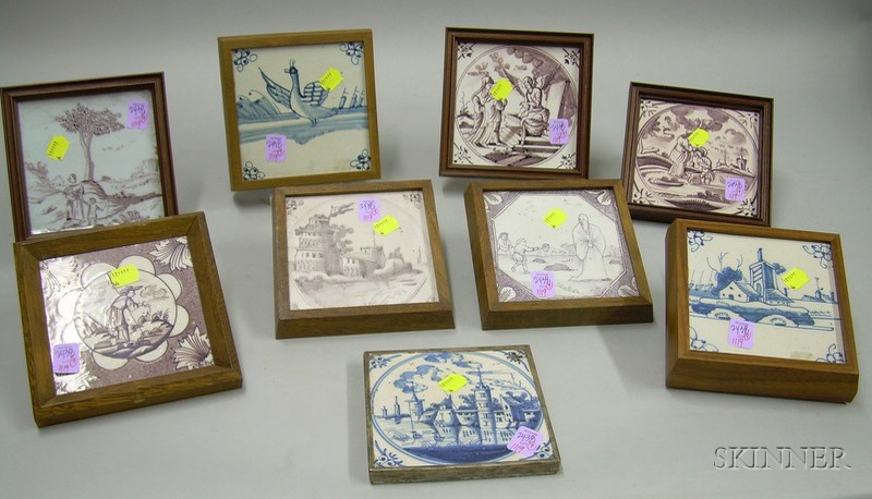 Appraisal: Nine Framed Dutch Delft Decorated Pottery Tiles approx x in