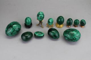 Appraisal: Carved Malachite Eggs Malachite Eggs some with stands pictured