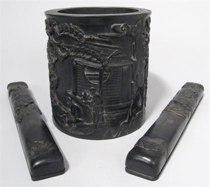 Appraisal: Chinese zitan brushpot and two zitan scroll weights th century