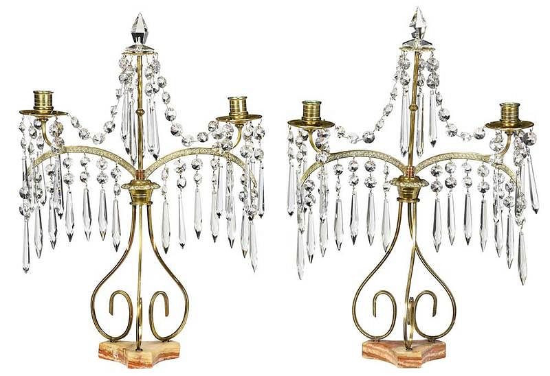 Appraisal: Near Pair Regency Style Glass Two Arm Candelabra British Continental