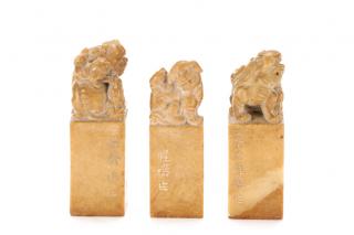 Appraisal: Carved Soapstone Chop Seal Set of Three Fu Dogs Chinese