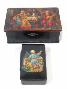 Appraisal: Two Russian lacquer boxes one depicting a family at home