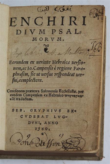 Appraisal: Psalms Enchiridion psalmorum Lyon Seb Gryphius mo edited by Jan