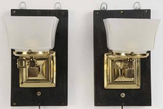 Appraisal: Pair Brass Electrified Wall Sconces mounted on wooden boards with