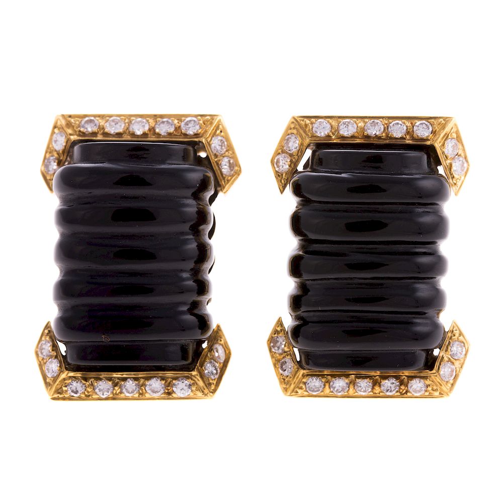 Appraisal: A Pair of Carved Onyx Diamond Earrings in K K