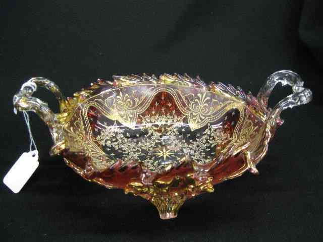 Appraisal: Moser Art Glass Footed Bowl cranberry to clear with enameled