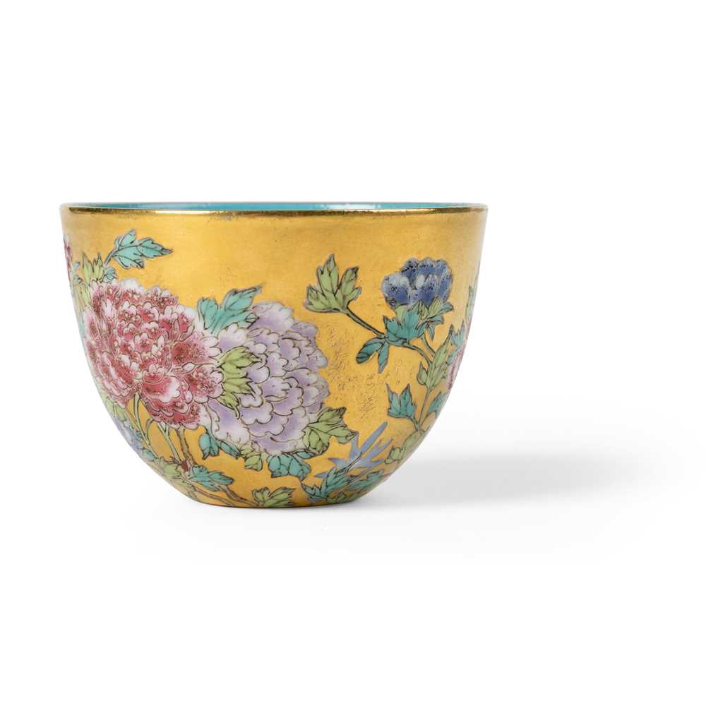 Appraisal: GILT-GROUND FAMILLE ROSE 'PEONY' CUP QING DYNASTY QIANLONG MARK TH-