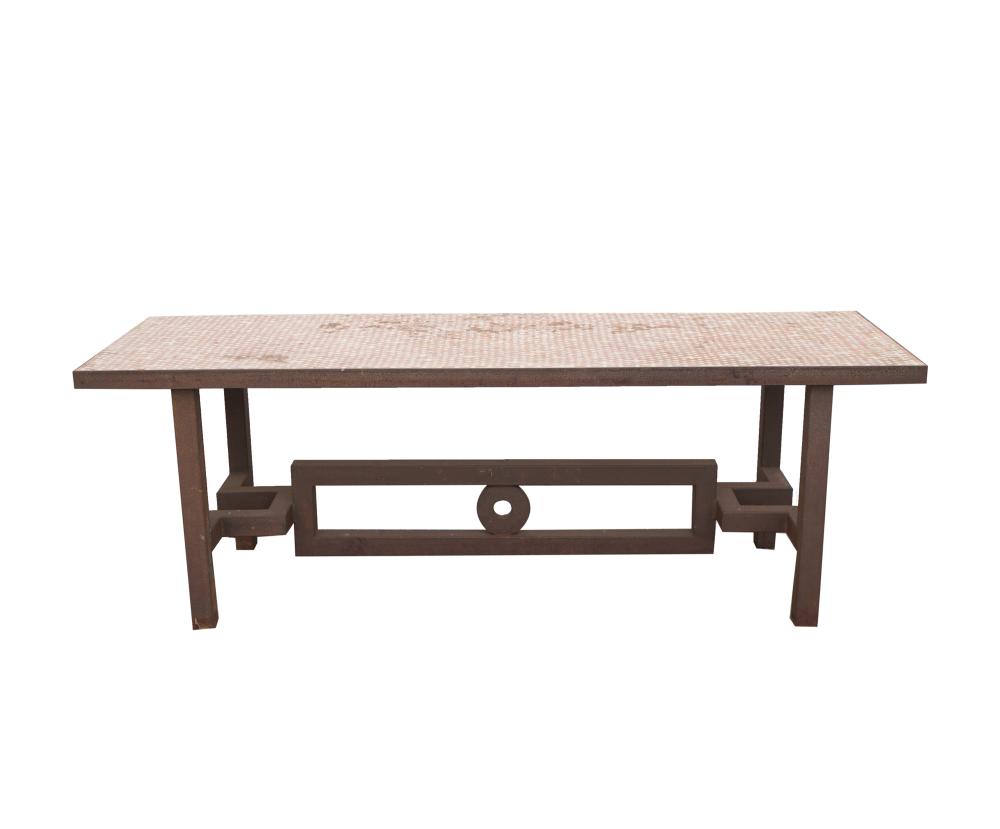 Appraisal: IRON PATIO TABLEthe cement top inset with small rectangular terracotta