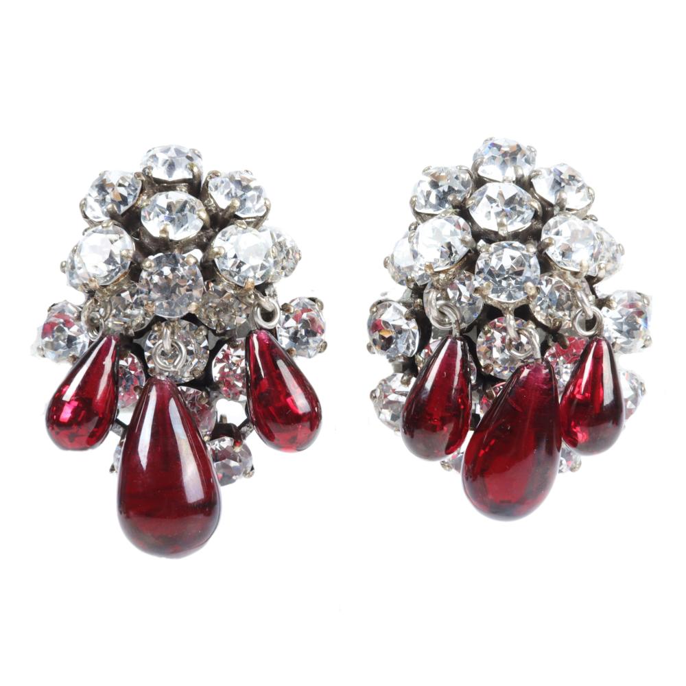 Appraisal: SCHREINER FAUX DIAMOND EARRINGS WITH TRIPLE TEARDROP RUBY DANGLES H