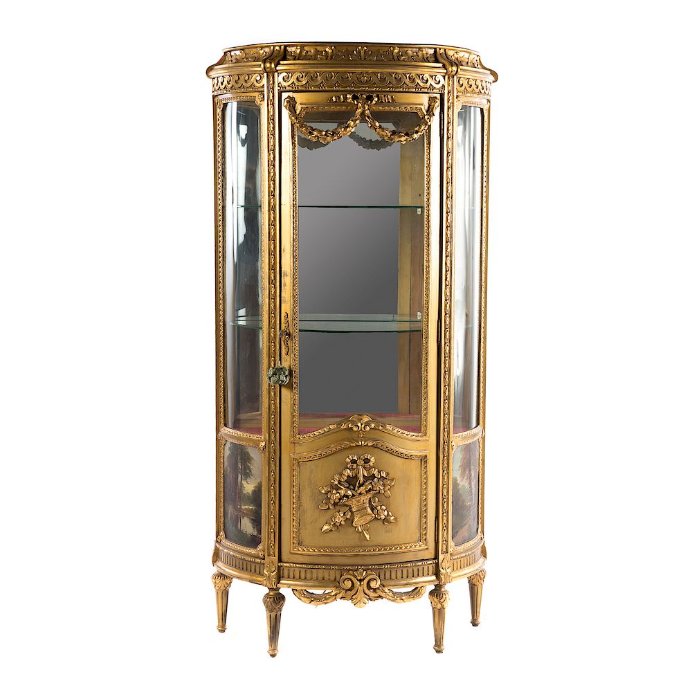 Appraisal: Victorian Giltwood Glass Half-Round Curio th century electrified acanthus leaf