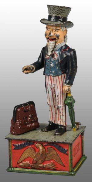 Appraisal: Cast Iron Uncle Sam Mechanical Bank Description Manufactured by Shepard