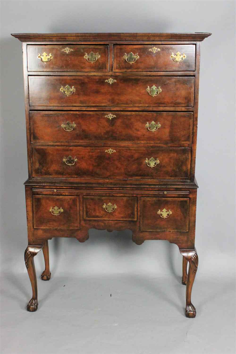 Appraisal: QUEEN ANNE STYLE INLAID WALNUT HIGHBOY partially composed on th