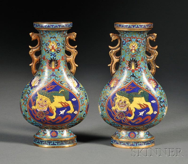 Appraisal: Pair of Cloisonne Wall Pockets vasiform pockets with phoenix handles