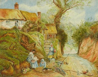 Appraisal: CJ ' Rural scene with figures outside a cottage watercolour