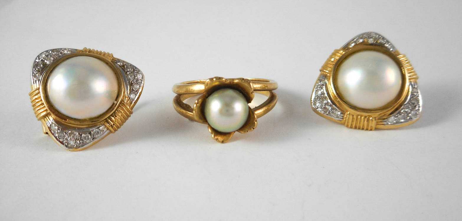 Appraisal: THREE ARTICLES OF PEARL JEWELRY including a pair of k