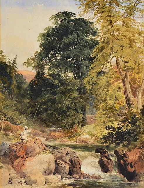 Appraisal: TH CENTURY ENGLISH SCHOOLRiver landscape with angler fishing near a