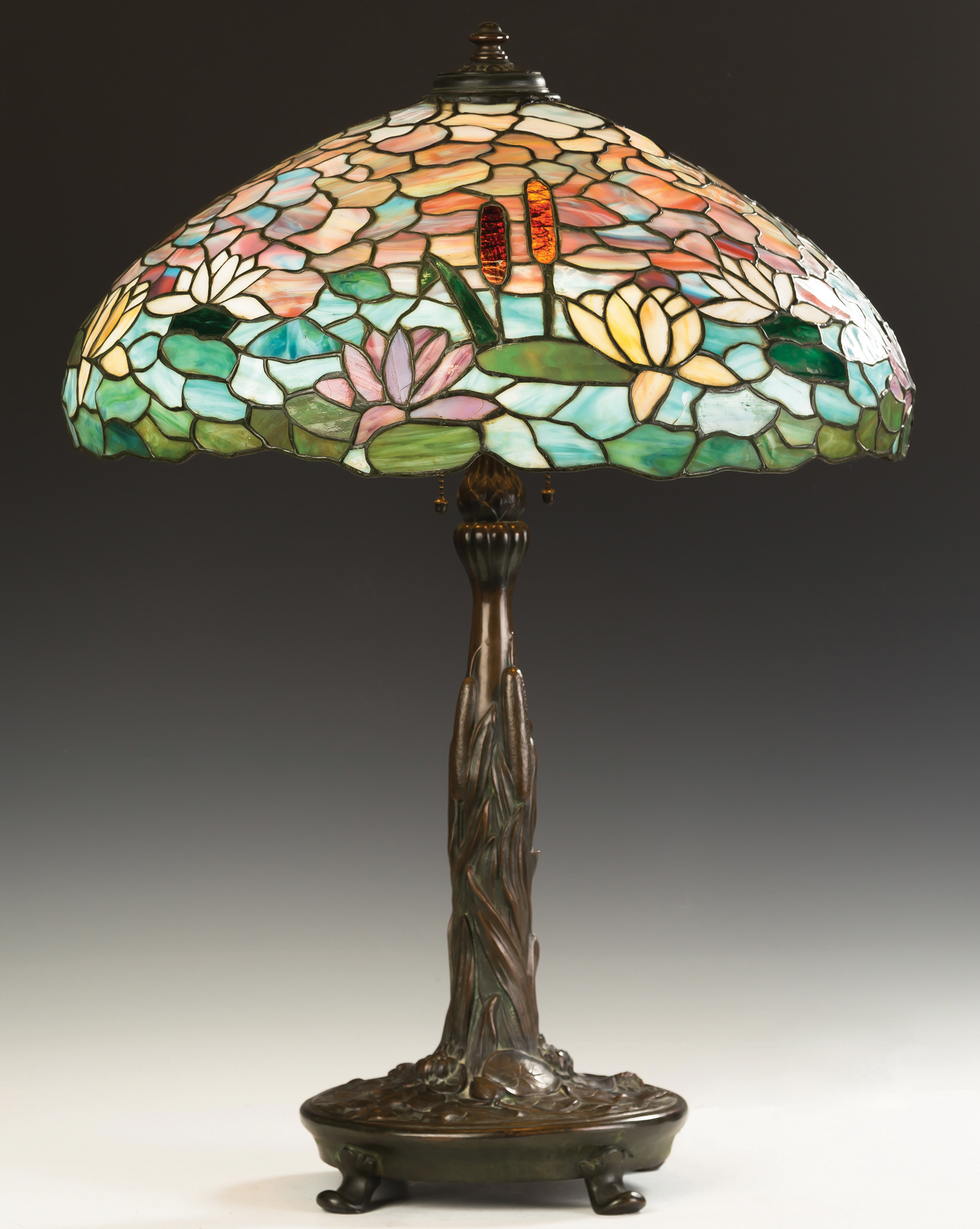 Appraisal: Wilkinson Water Lily and Cattail Leaded Glass Table Lamp Early