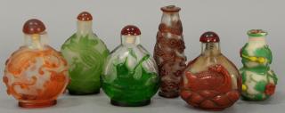 Appraisal: Six overlay glass snuff bottles to include two green overlay