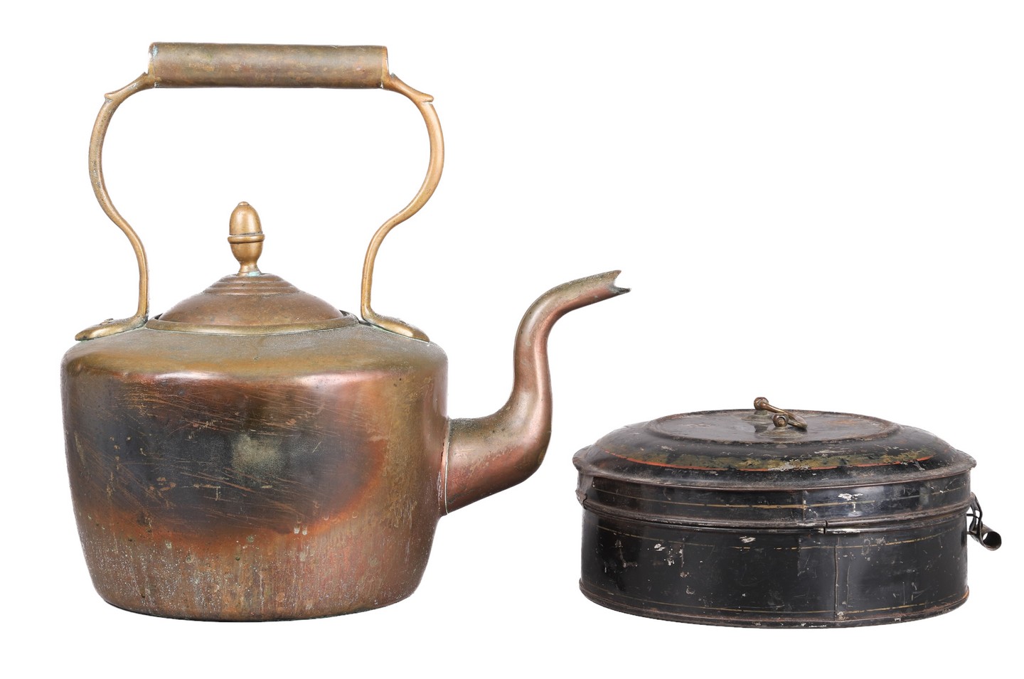 Appraisal: Tole painted spice box and kettle to include th c